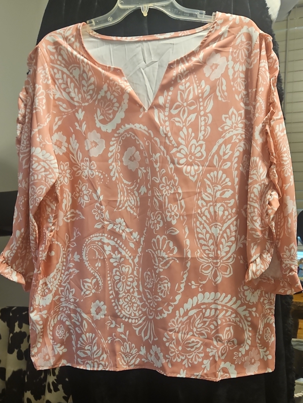 Peach Paisley V-Notch Blouse with Three-Quarter Sleeves